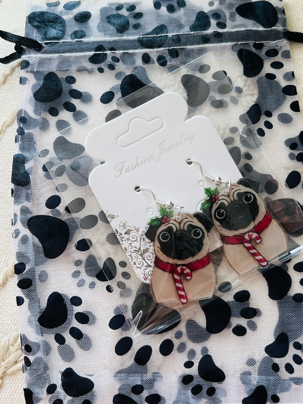 Pug Holiday Dog Earrings w/Paw Print Bag πΎππΎ Festive Design - Picture 9 of 9